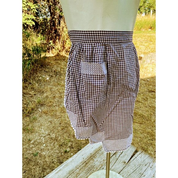Vintage Half Apron Brown Gingham Checked Smocked Apron Farmhouse - Picture 7 of 10